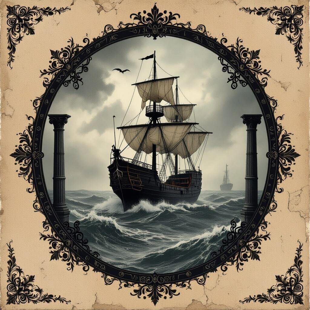 Gothic Victorian Ship in Smoky, Stormy Seas
