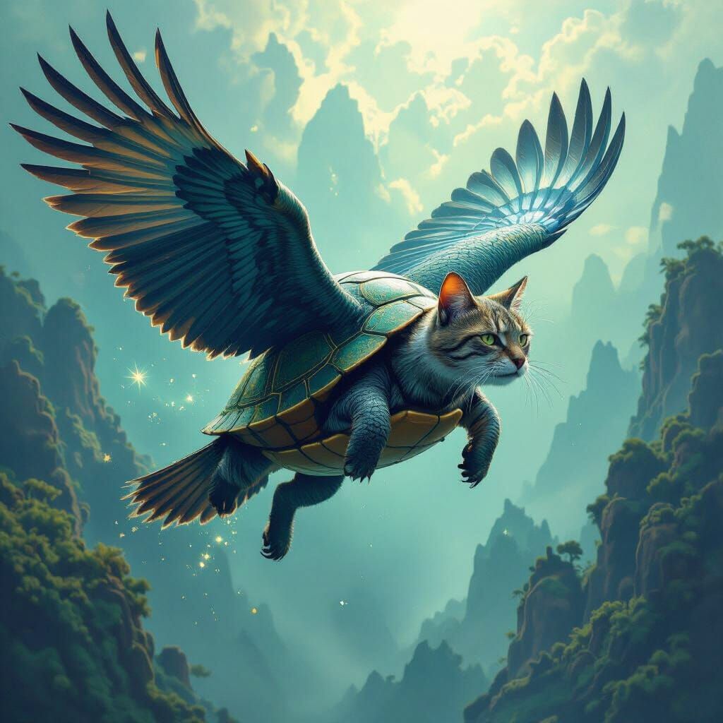 Feline Gryphon Soaring in Mystical Realm