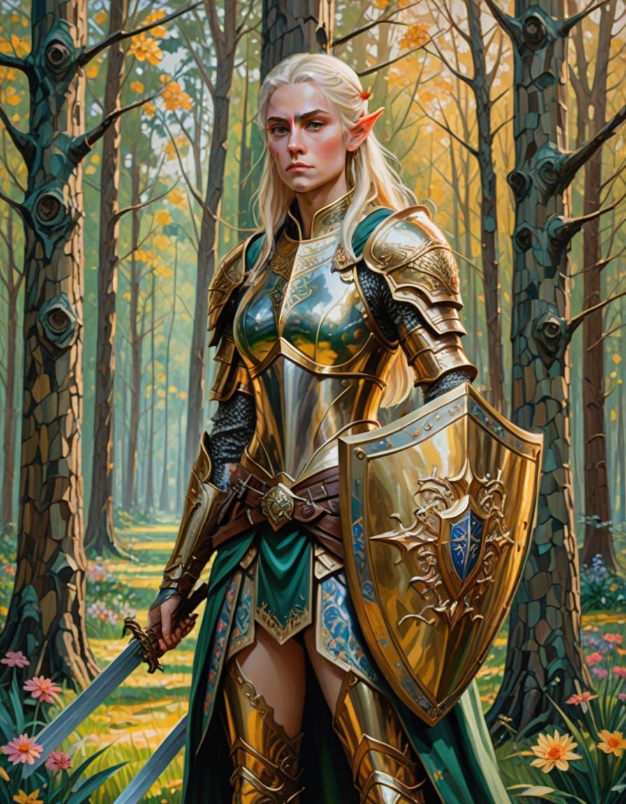 Serene High Elf Maiden in Gold Armor