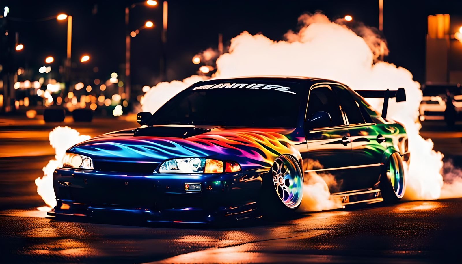 JDM Car Drifting with Rainbow Flames Paintjob