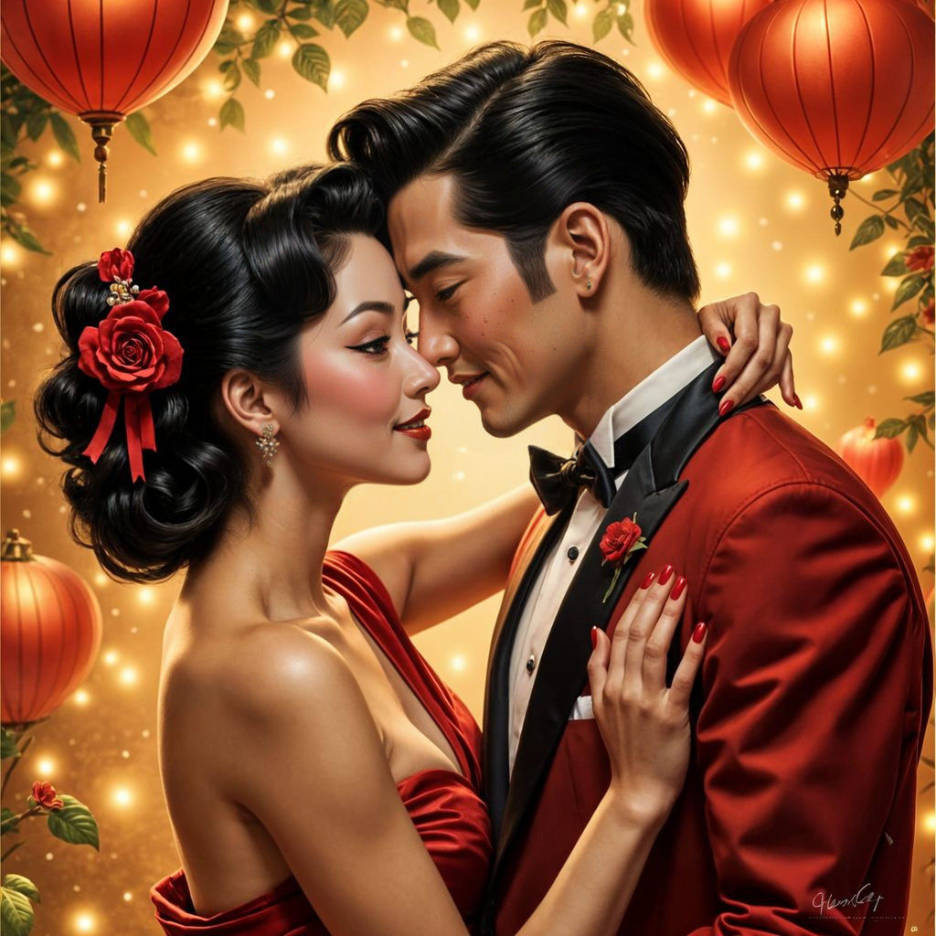 Asian Couple in Vintage Ballroom Dance on Valentine's Day