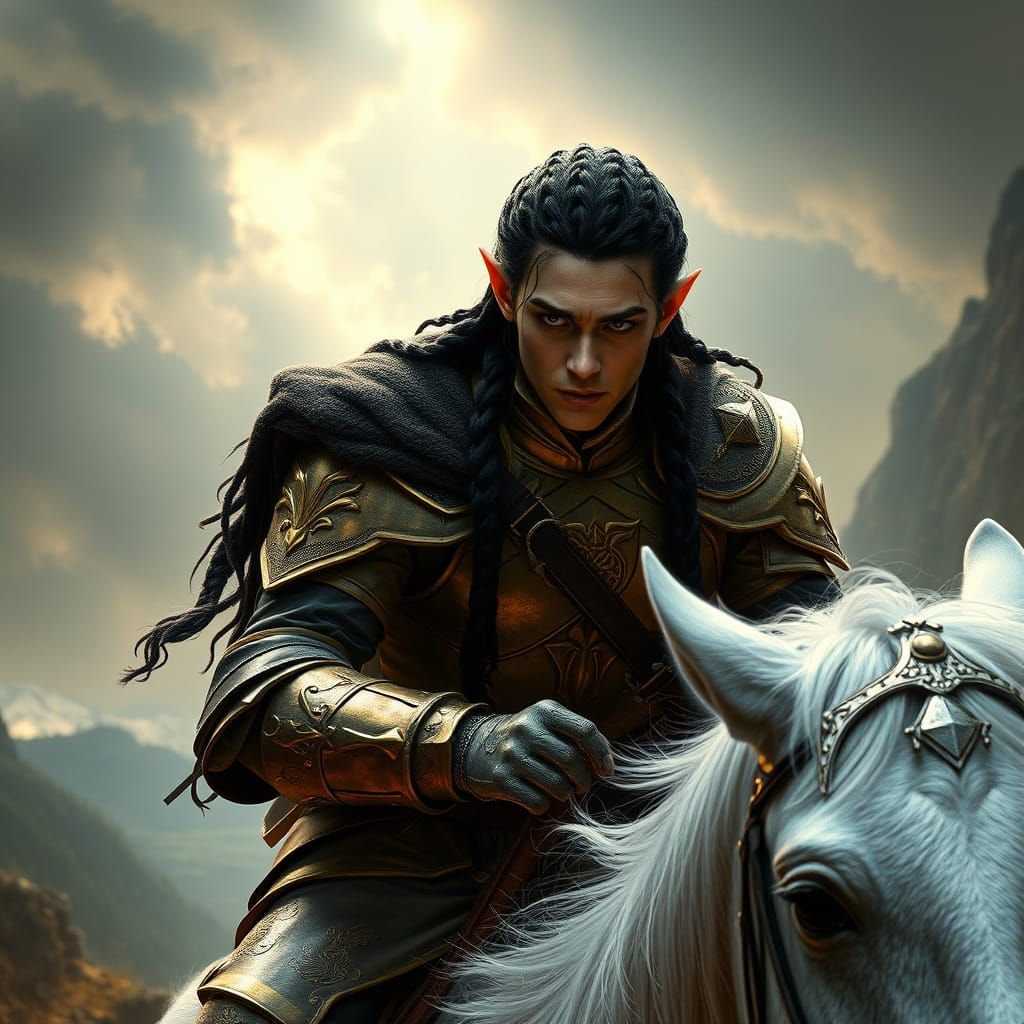Elven War Prince on White Horse in Digital Painting Style
