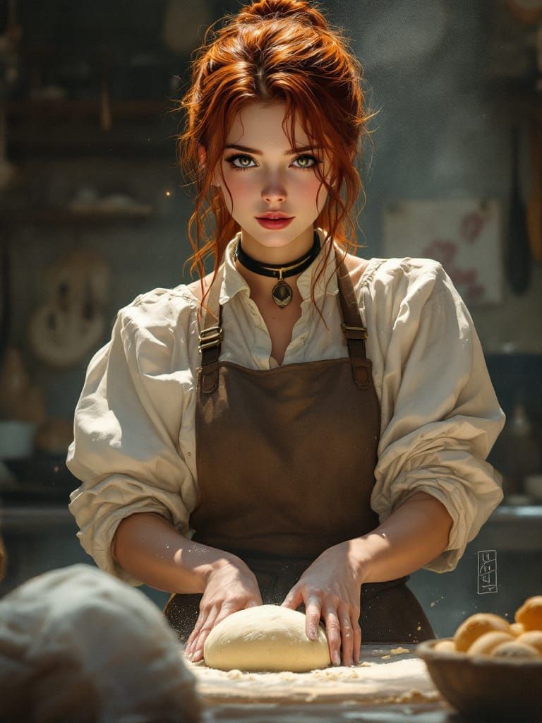 Redhead Baker Kneading Dough in Sunlit Kitchen