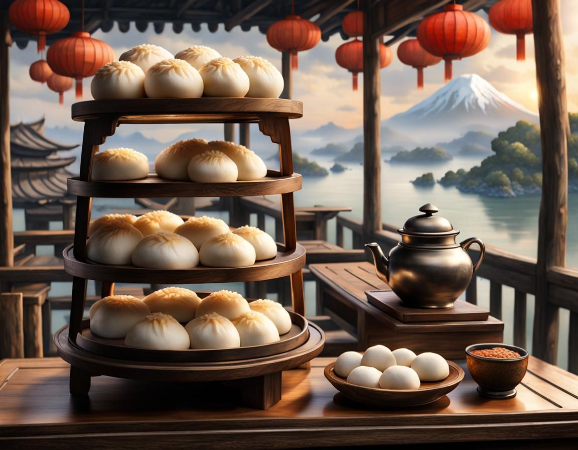 Steamed Bao on Japanese Stand, Detailed Illustration