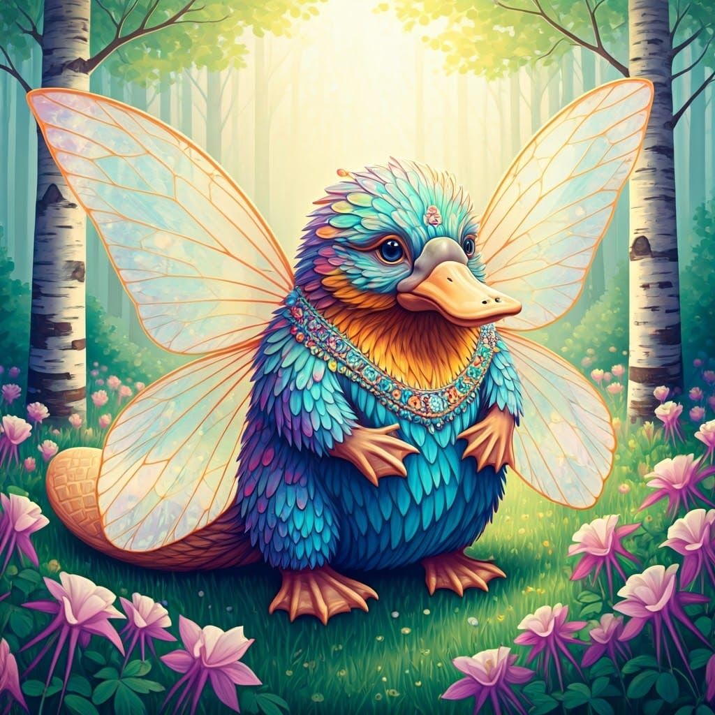 Adorable feathery rainbow Helical Platypus with wings