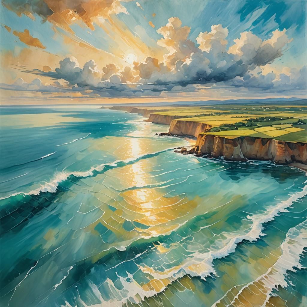 Aerial Coastline in Impressionist Watercolor Style