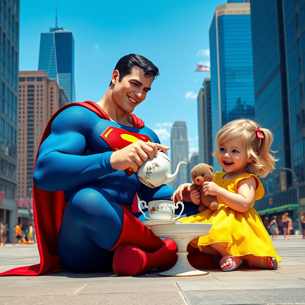 Superman's Tea Party in a Whimsical City Square