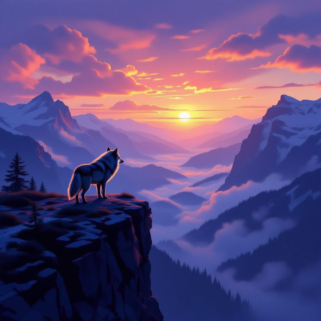 Lone Wolf at Dawn on Windswept Cliff