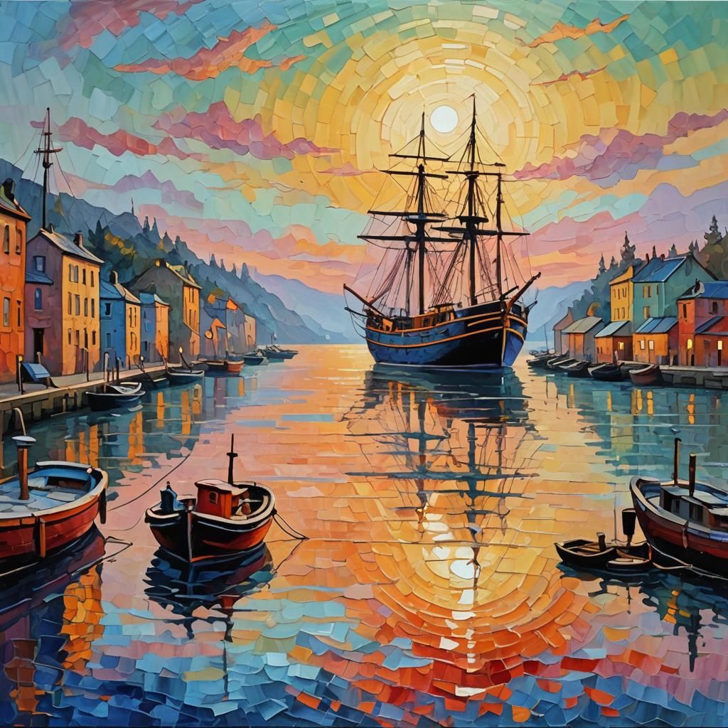 Ship at Sunrise: Neo-Impressionist Expressionist Oil Paintin...