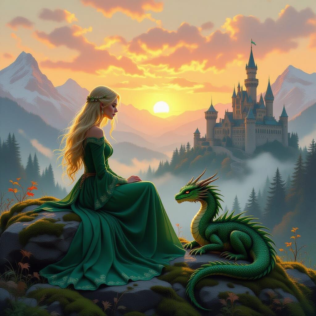 Fairytale Woman and Dragon at Sunrise, Digital Painting