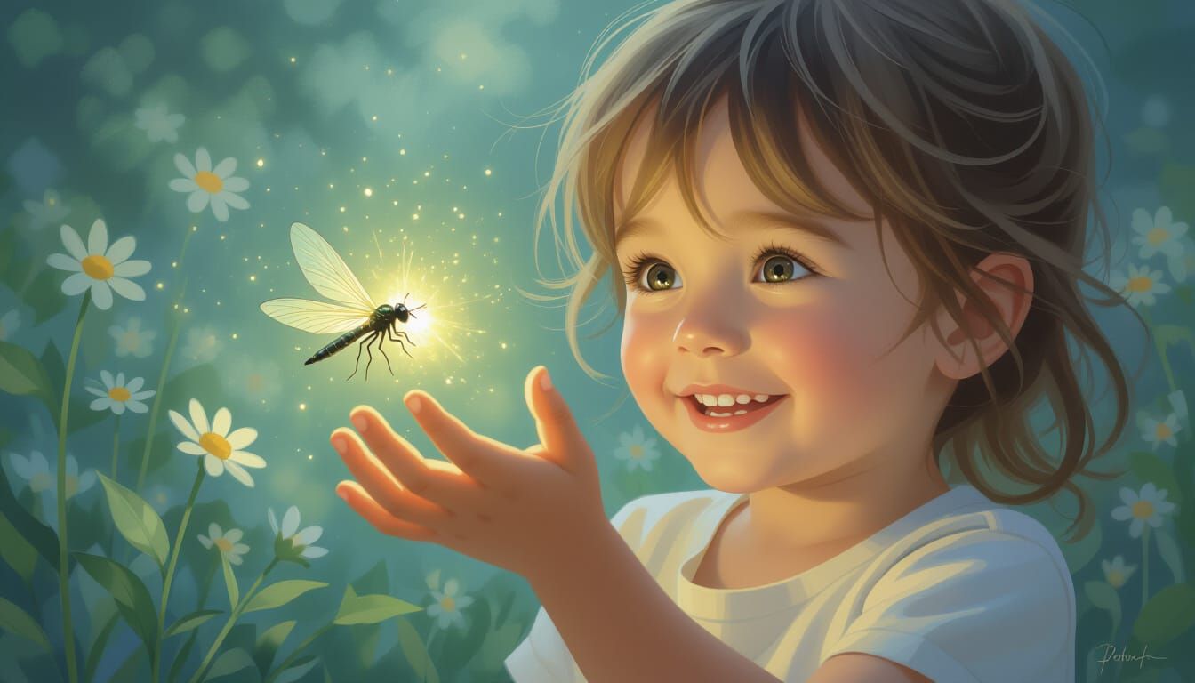 Child's Wonder: Touching a Firefly in a Garden