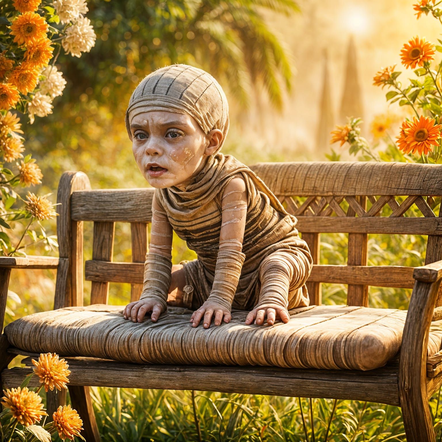 Humorous Baby Mummy in Garden Scene