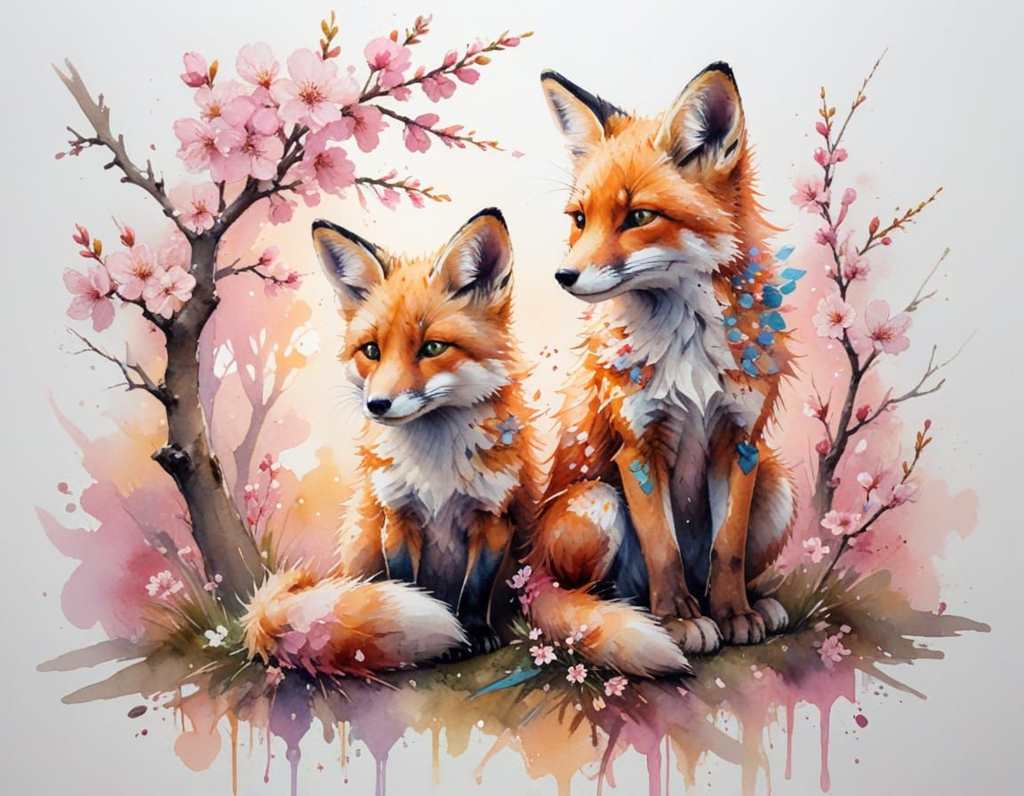 Fox Kits in Floral Dresses Under Cherry Blossoms