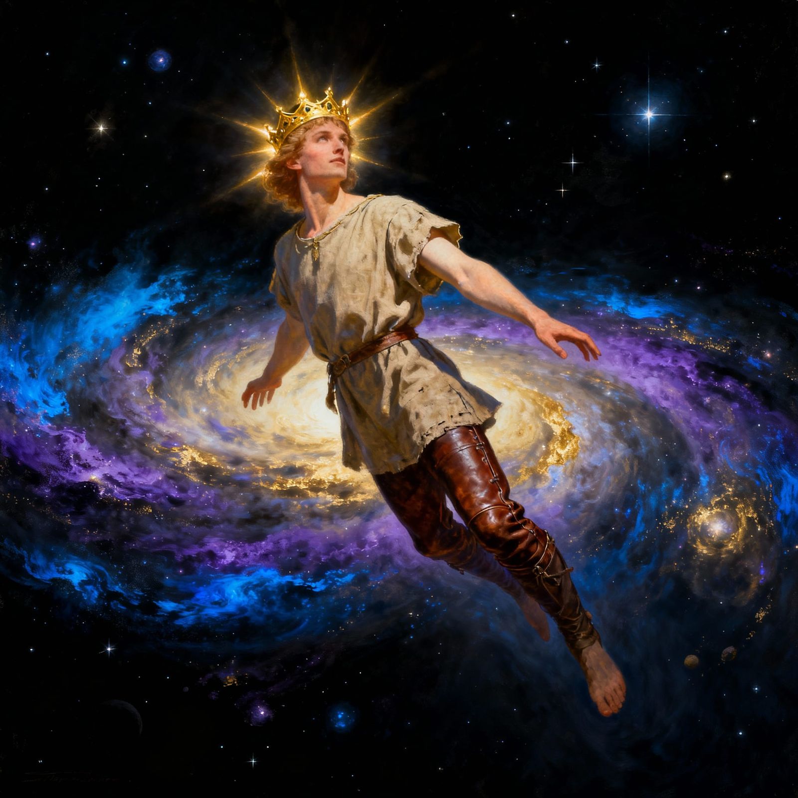 Boy Ascends Through Cosmic Nebula in Fantasy Art Style