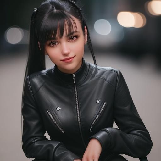 Cute Brunette with Shaved Hair in Leather Suit