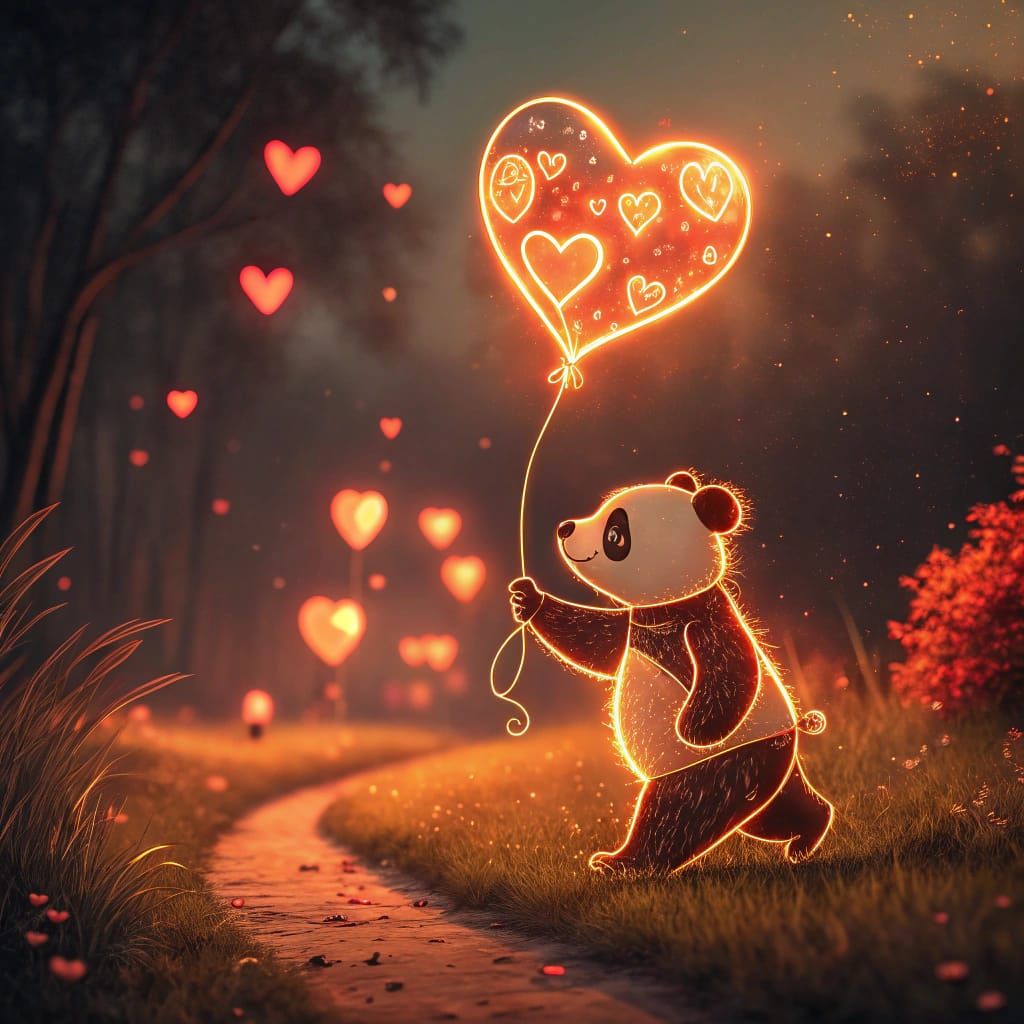Neon Panda Bear with Glowing Heart Balloon