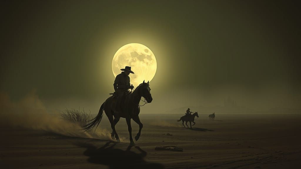 Cowboy Rides Spectral Horse Through Moonlit Desert