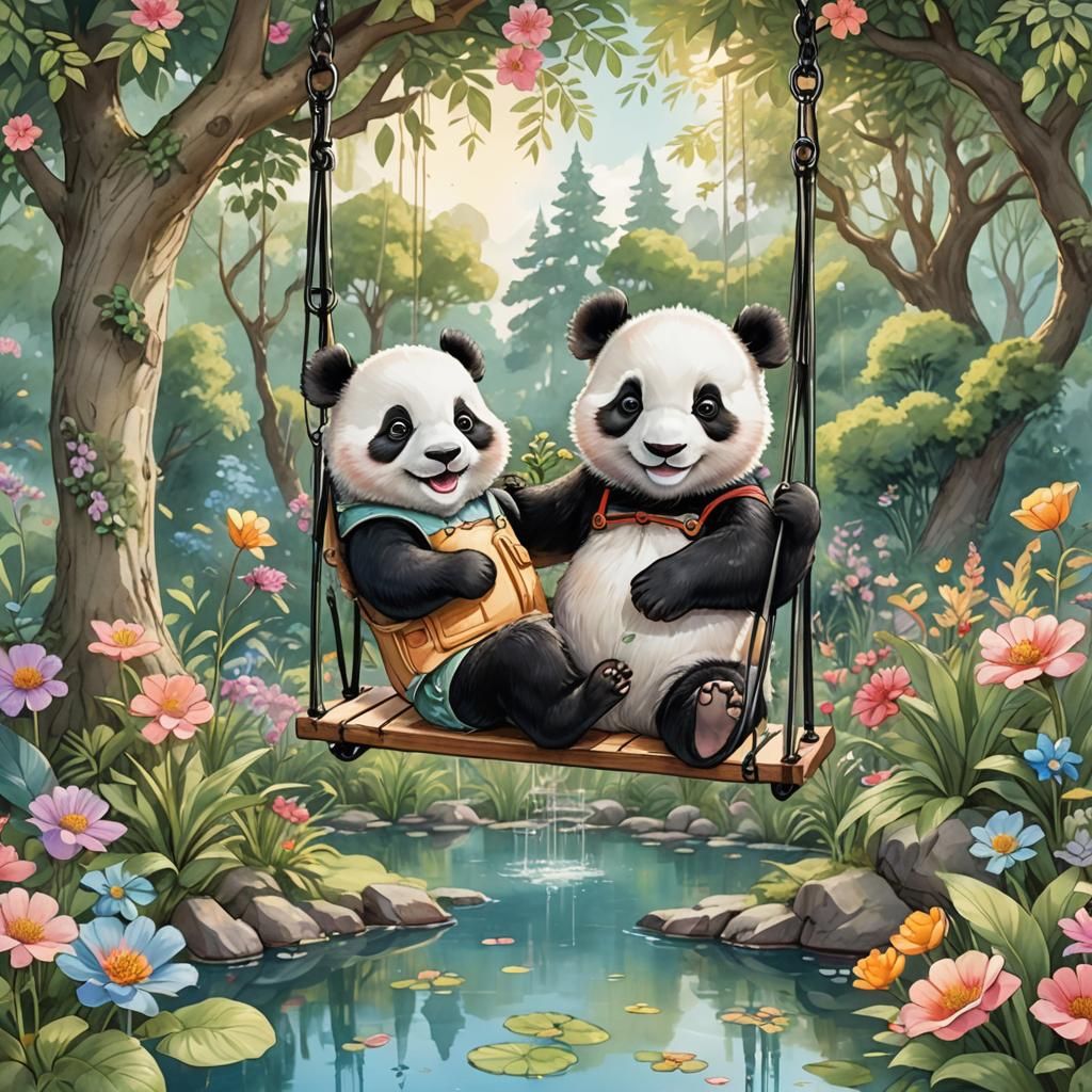 Baby Panda on Magical Garden Swing: Cartoon Illustration