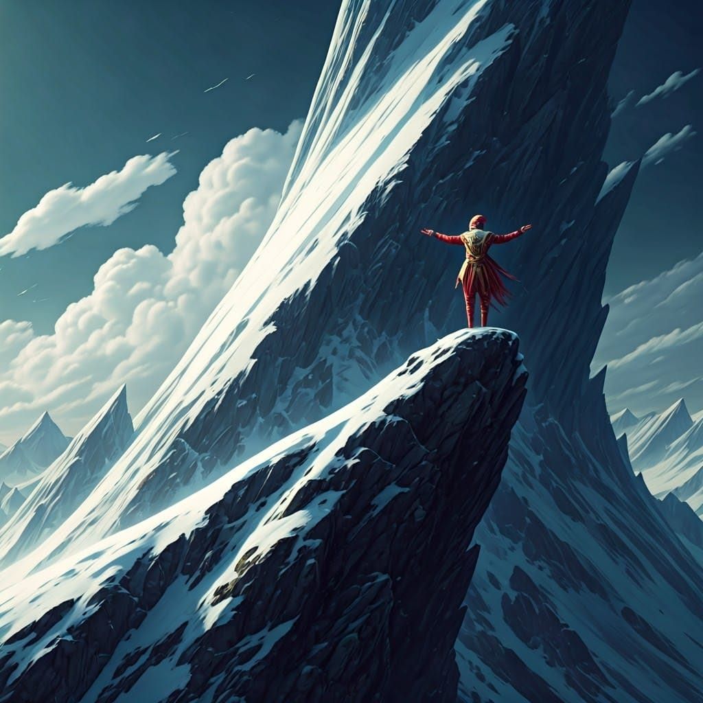 Pierrot Embraces Grandiose Mountain Peak in Fantasy Art
