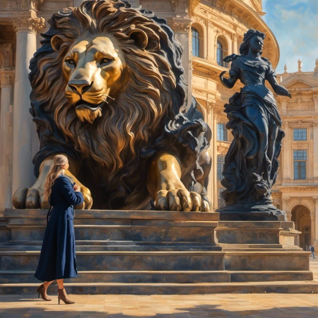 Woman and Lion Statue Portrait at Library