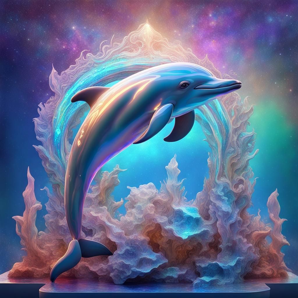 Holographic Crystal Dolphin Statue in Mixed Media