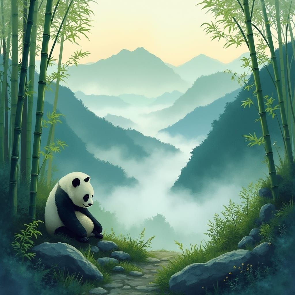 Pandas in Mist-Shrouded Bamboo Forest, Watercolor Style