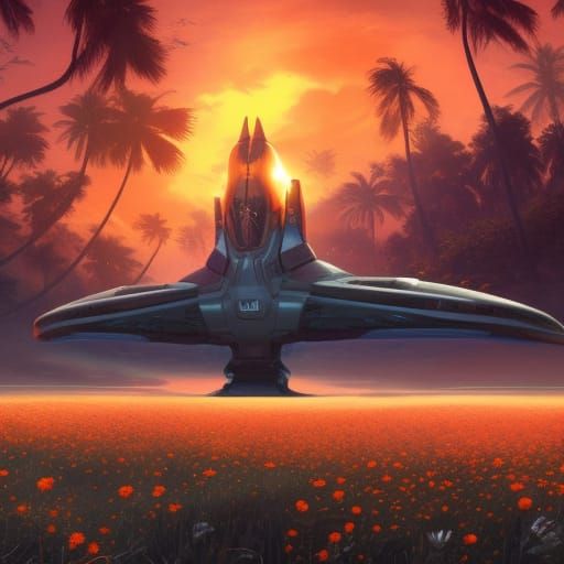 Gothic Spaceship Crash on Tropical Beach at Sunset