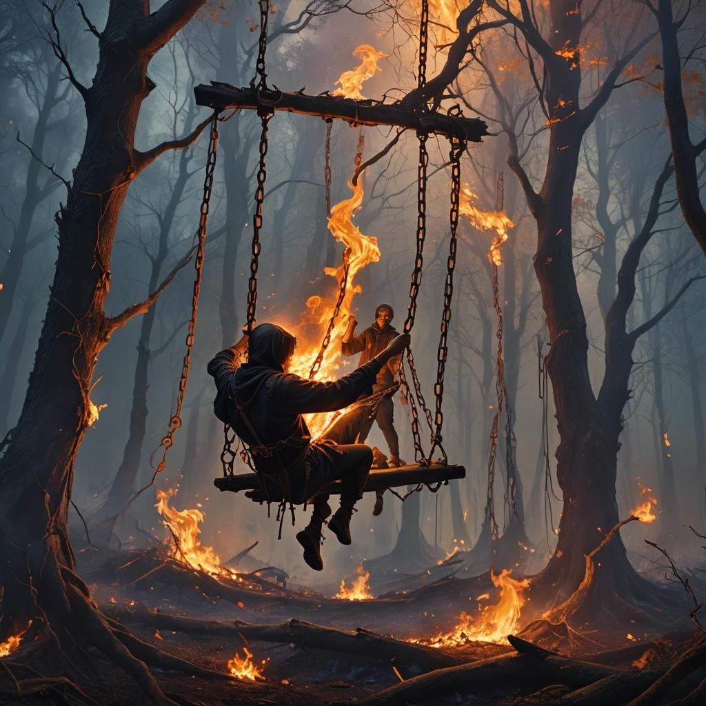 Burning Swing in Mystical Forest: Dark Fantasy Art