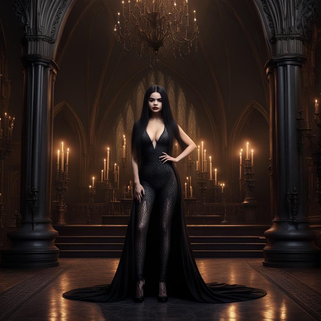 Selena Gomez as Morticia Addams in Gothic Photo Realism