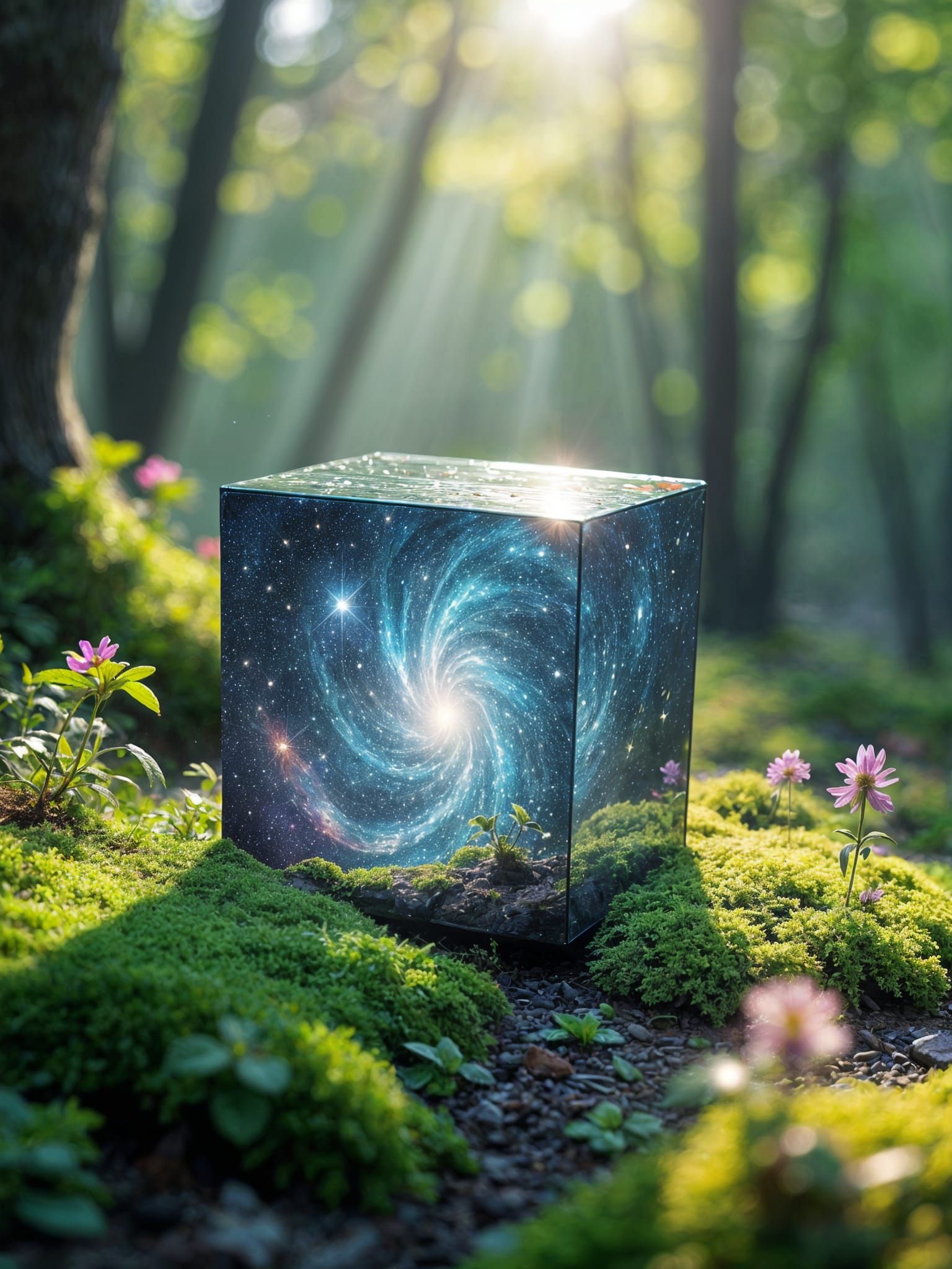 Cosmic Glass Cube Amidst Vibrant Spring Forest