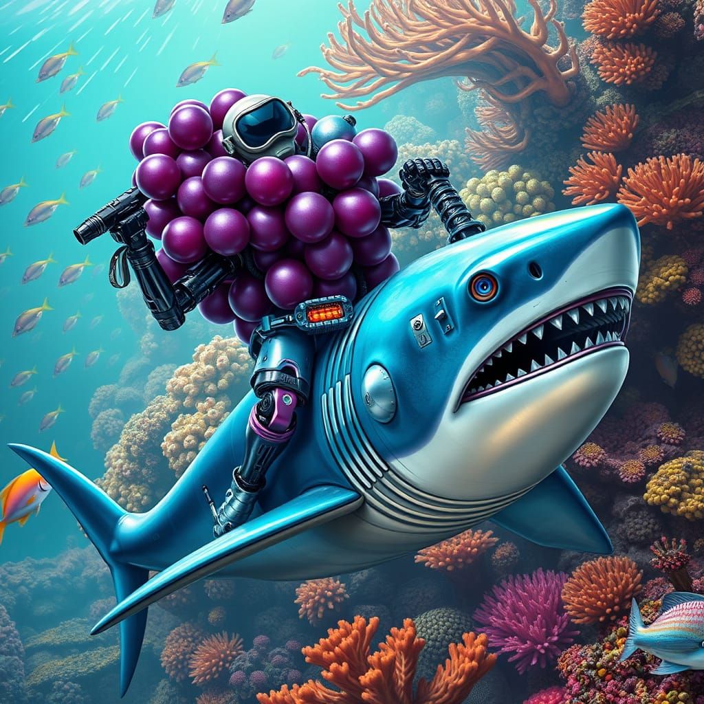 A robotic bunch-of-grapes character riding a hammer head sha...