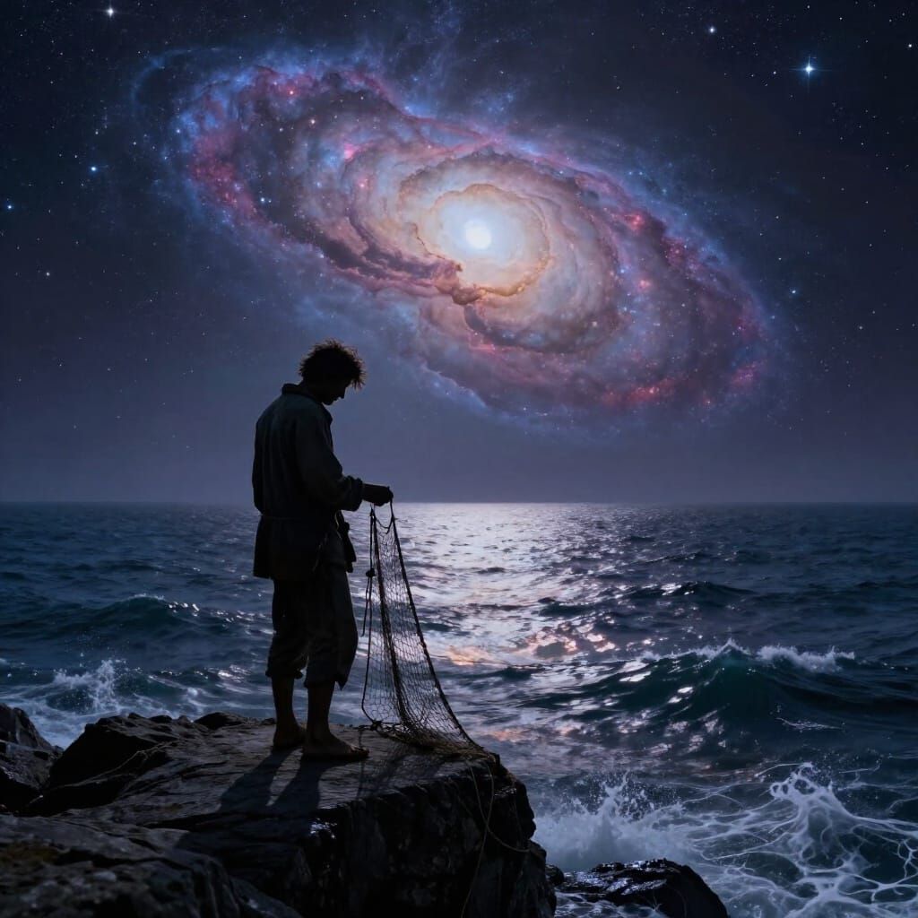 Fisherman Gazes at Cosmic Sea Reflection