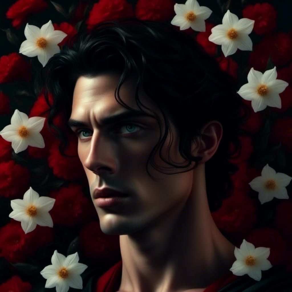 Hades Surrounded by White Narcissus and Red Polyanthus