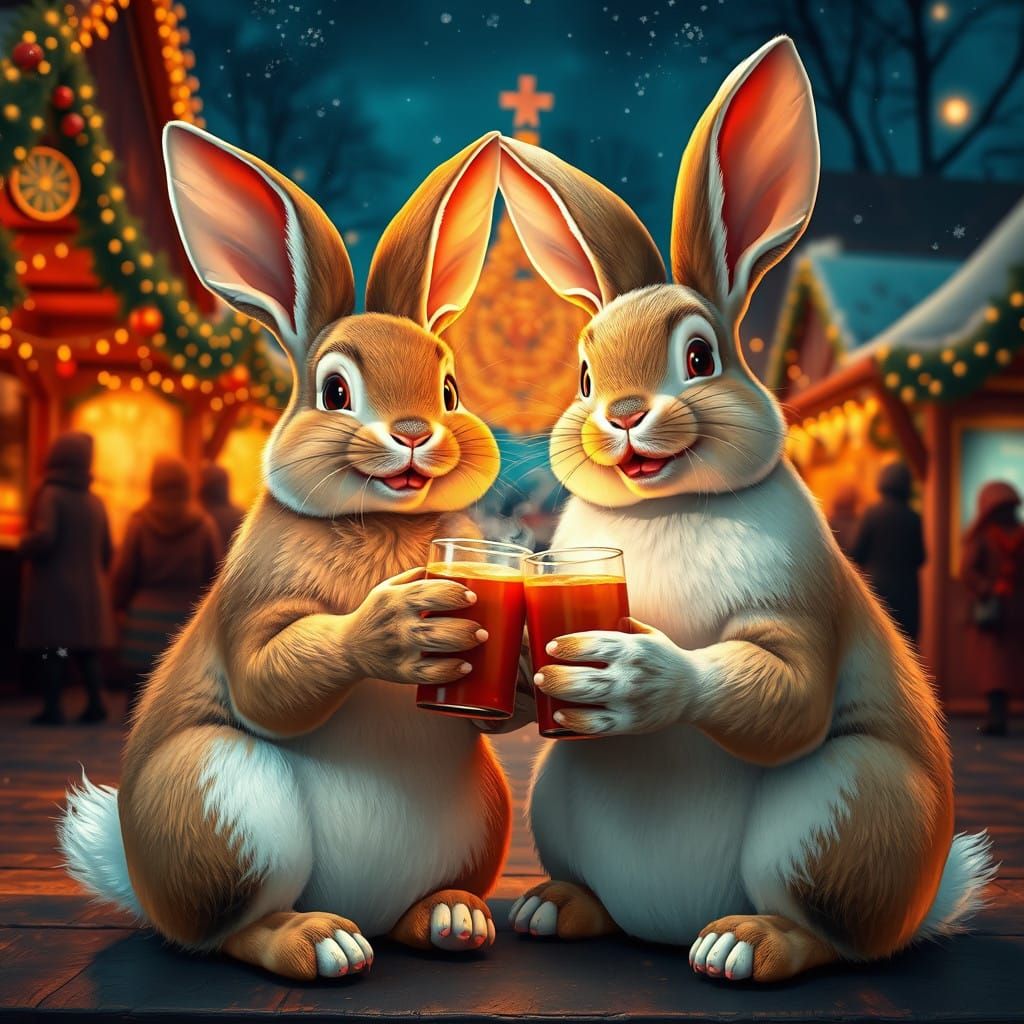 Rabbits Enjoy Glühwein on a Vibrant Weihnachtsmarkt