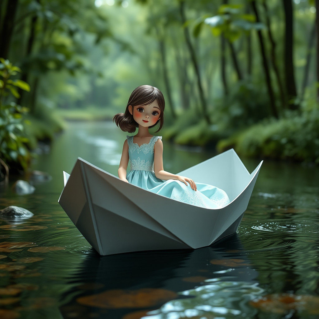 Girl in Origami Boat: Whimsical Papercraft Art