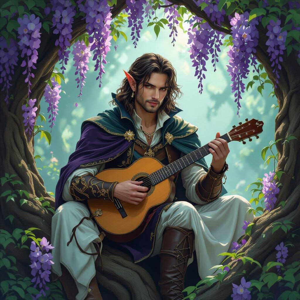 Mystical Half-Elf Bard in Wisteria Hollow