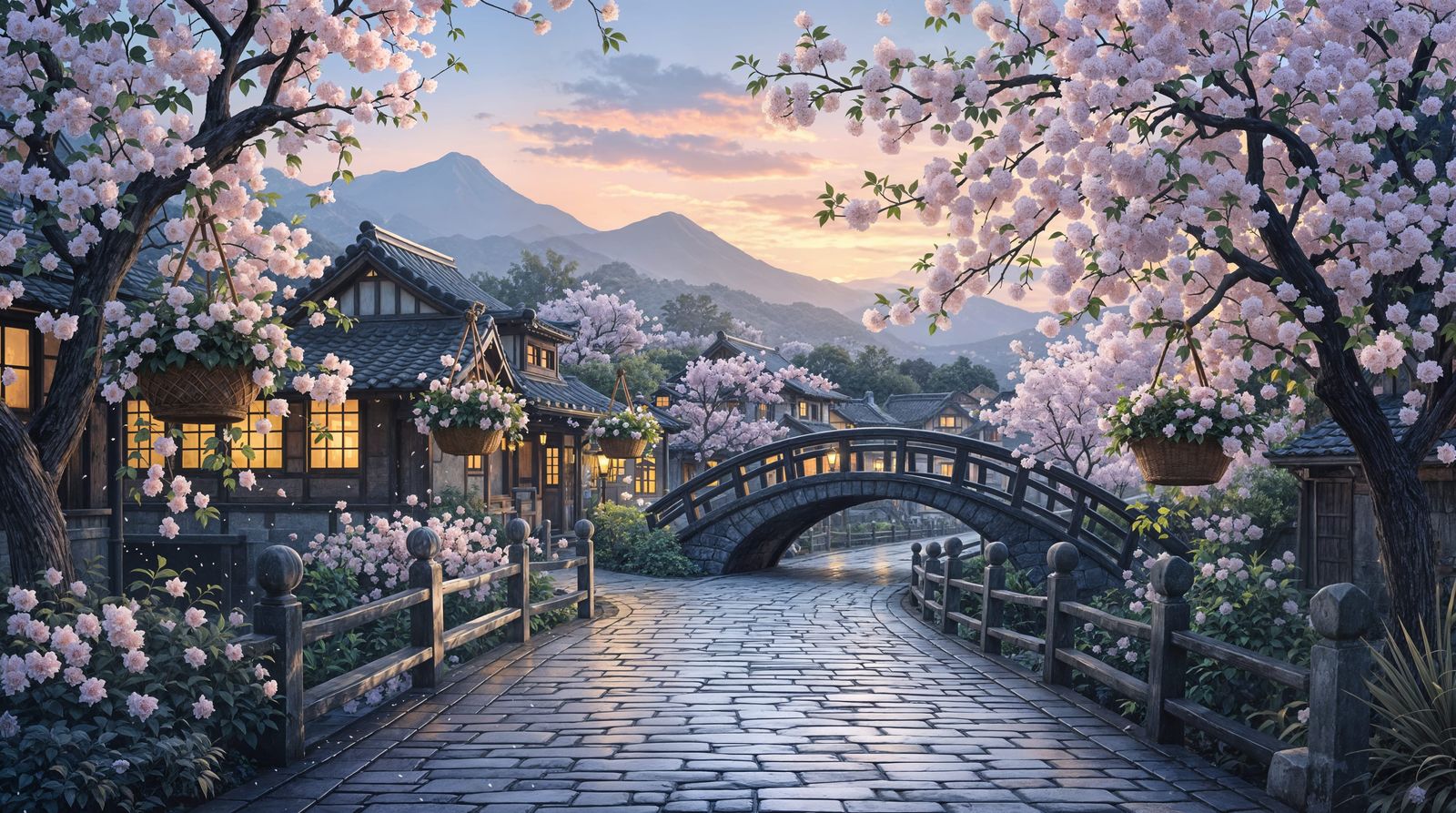 Vintage Japanese Village at Dusk in Soft Pastel Hues