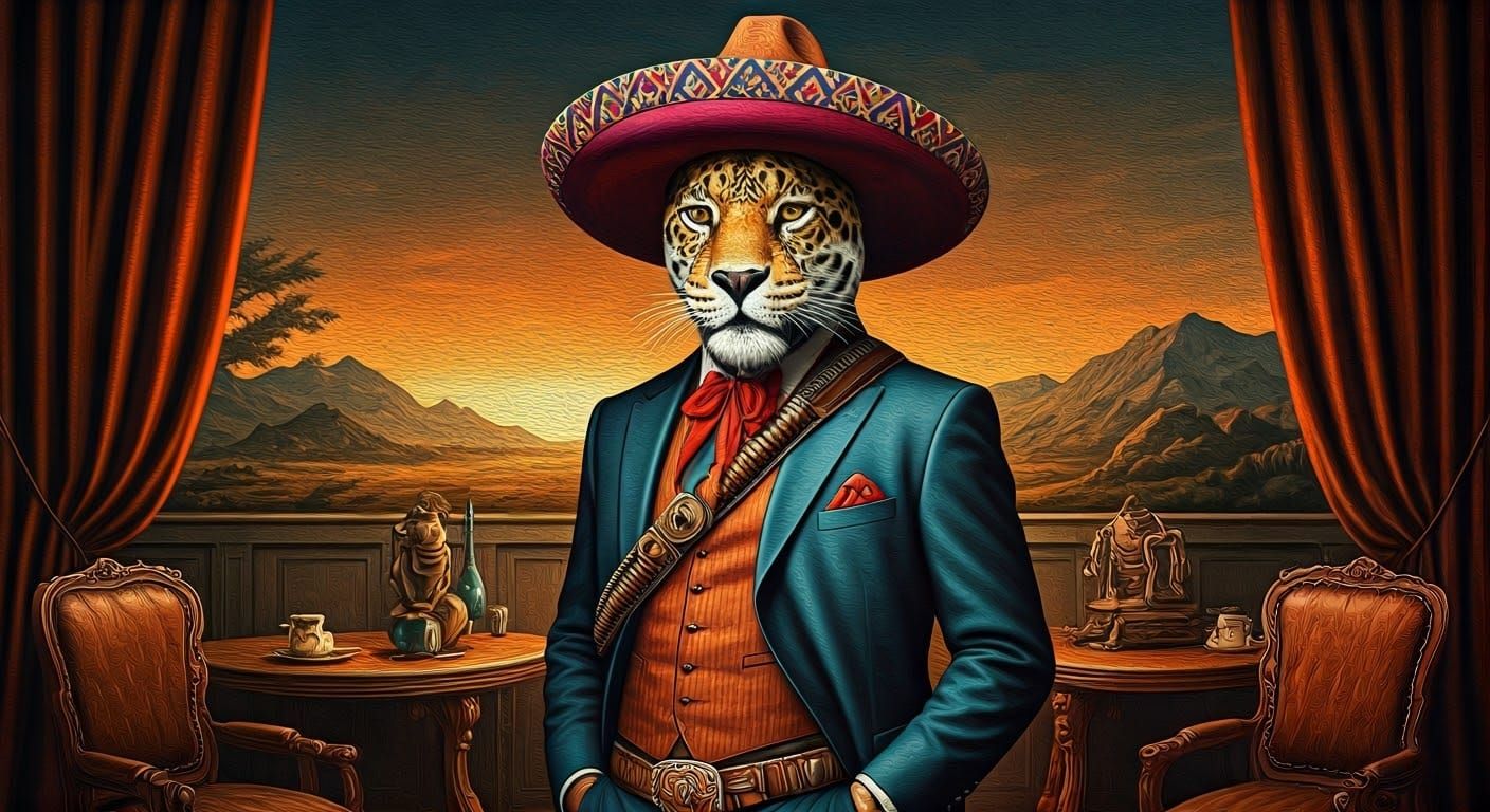 Jaguar in Sombrero in Surreal Western Salon