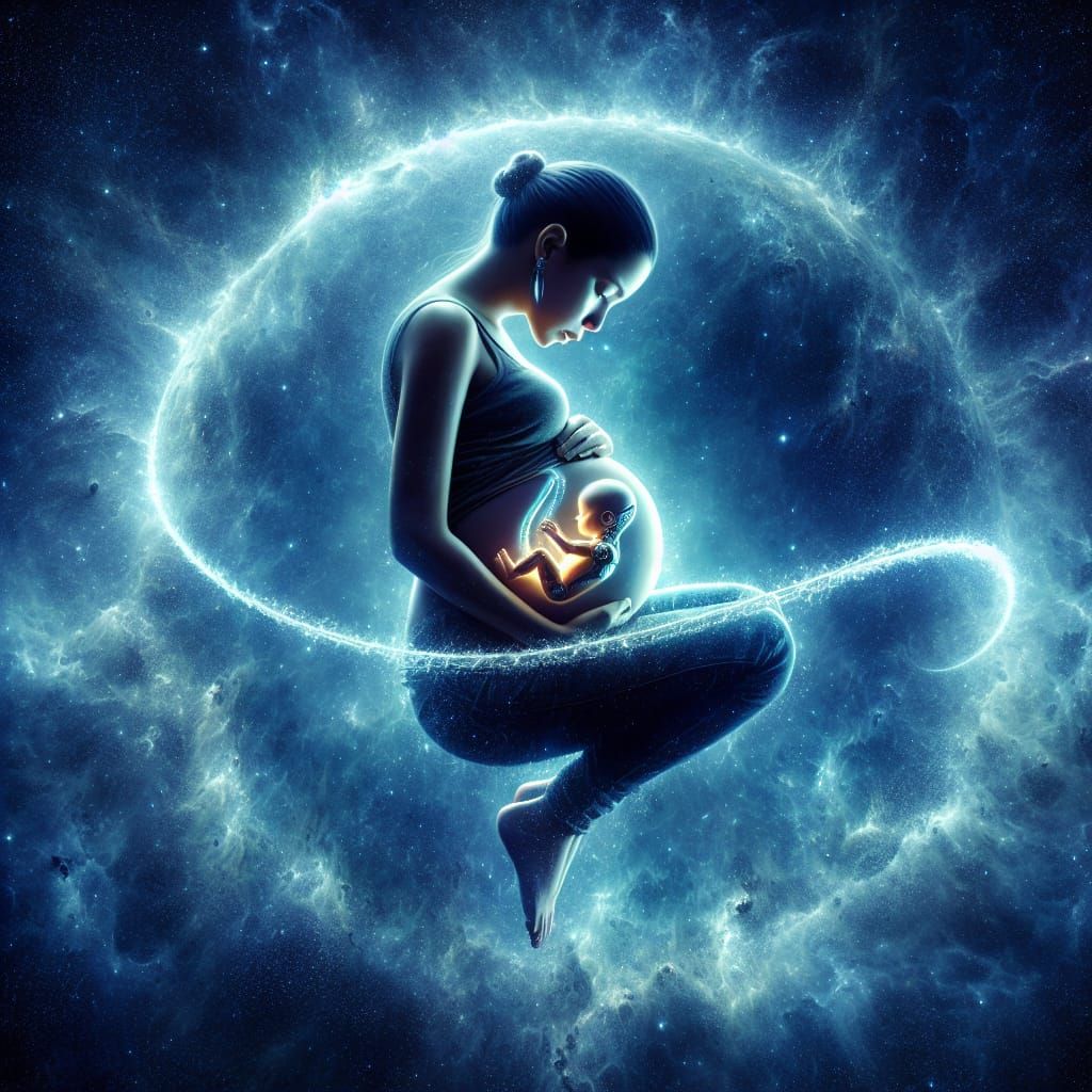 Pregnant Woman with Android Fetus in Space