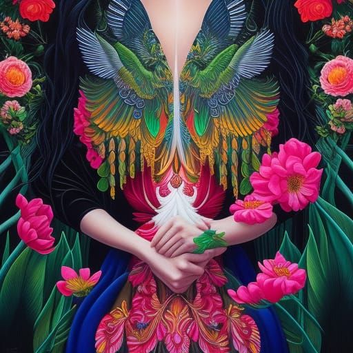 Woman Flying with Birds and Flowers in Magic Realism