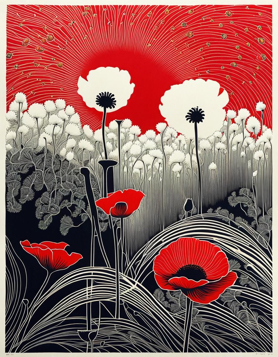 Ethereal Poppy in Linocut Print Style