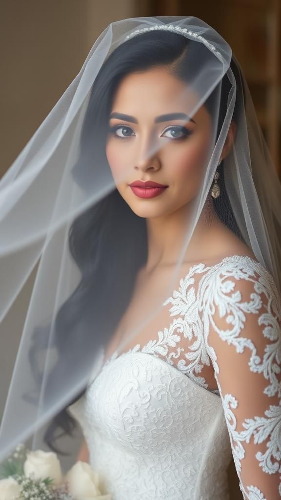 Elegant Woman in Lace Wedding Dress and Veil