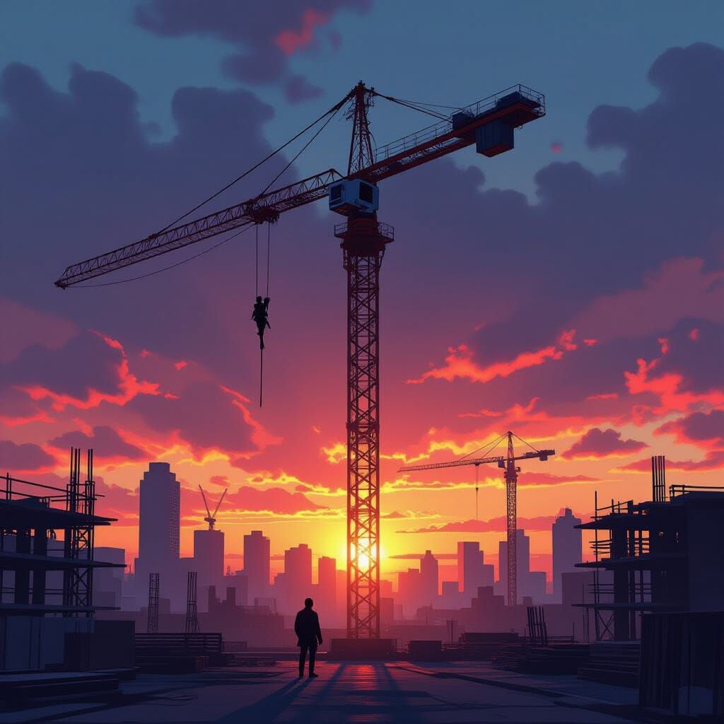 Climber Scales Towering Crane at Sunset