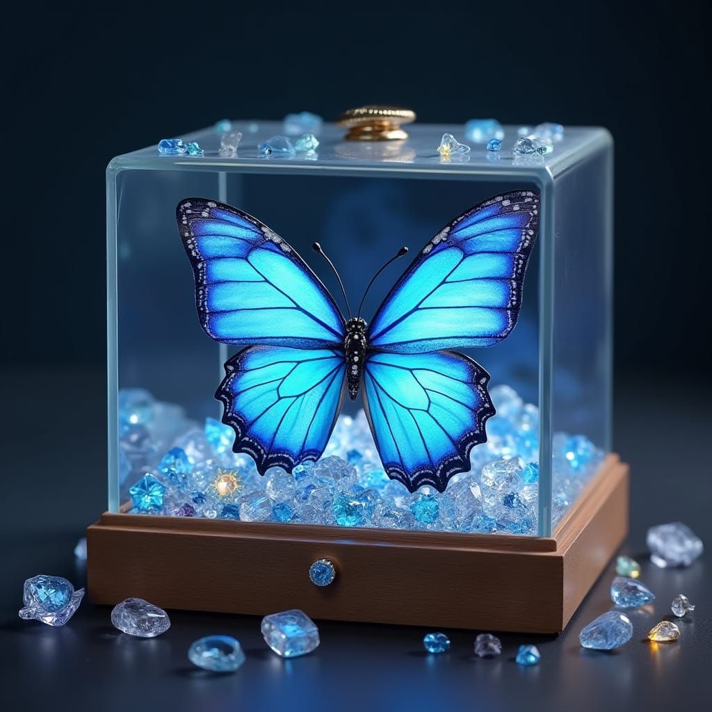 A Delicate Blue Butterfly Surrounded by Glowing Jewels