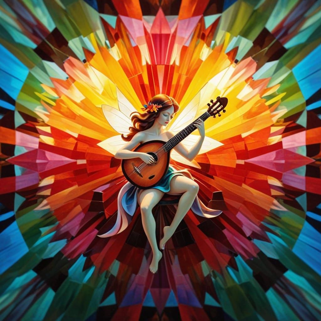 Kaleidoscopic Fairy Playing Lute in Cubist Art Deco Style