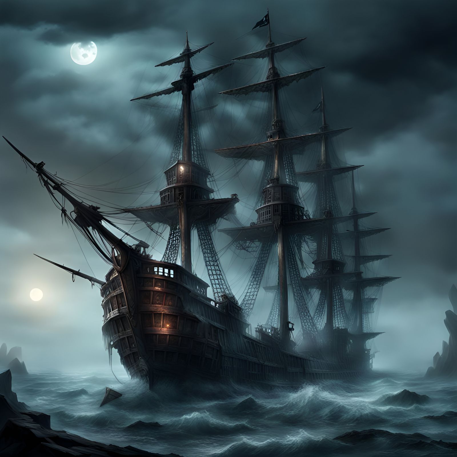 Haunted Pirate Ghost Ship in Misty Waters