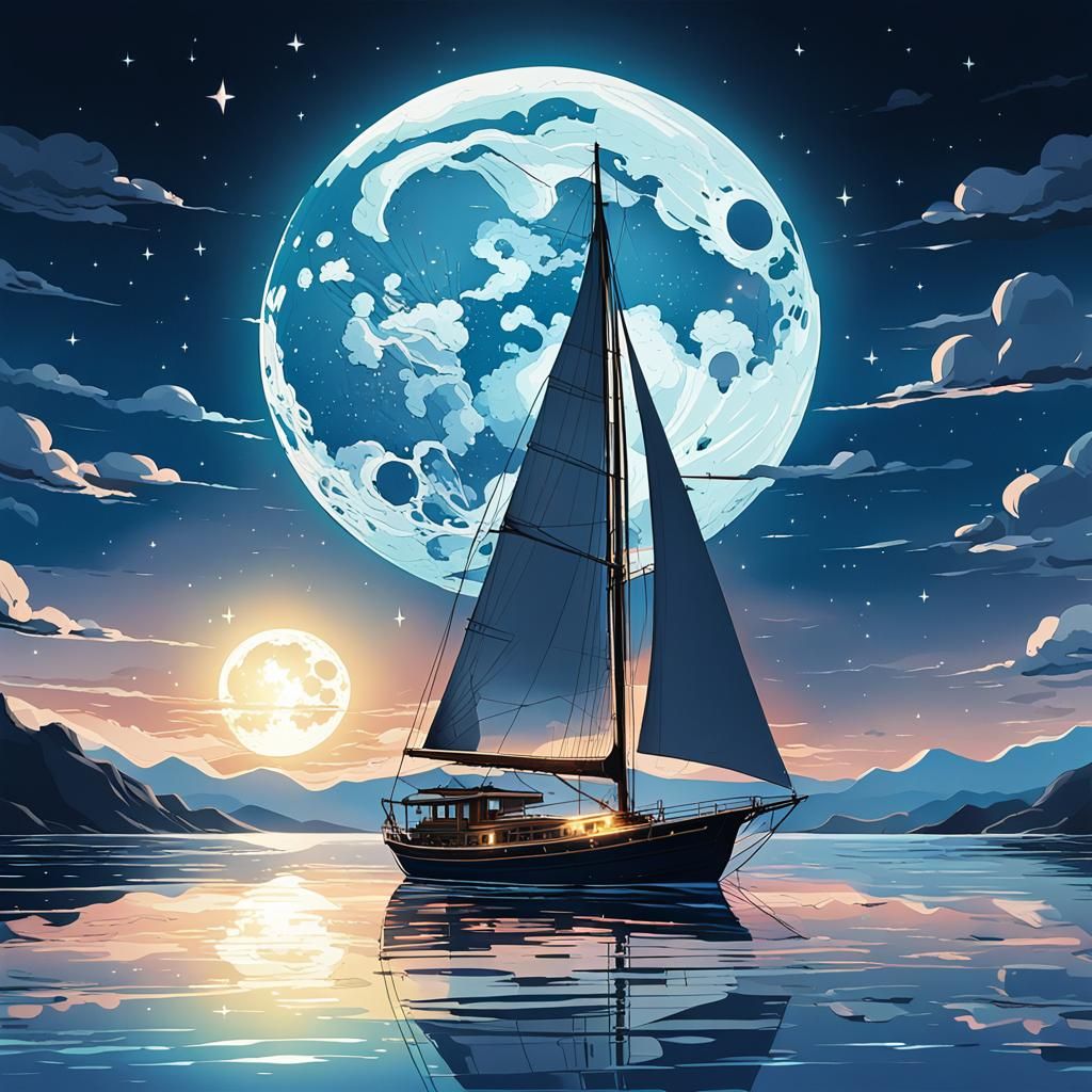Sailboat Under Moonlit Sea: Anime Style