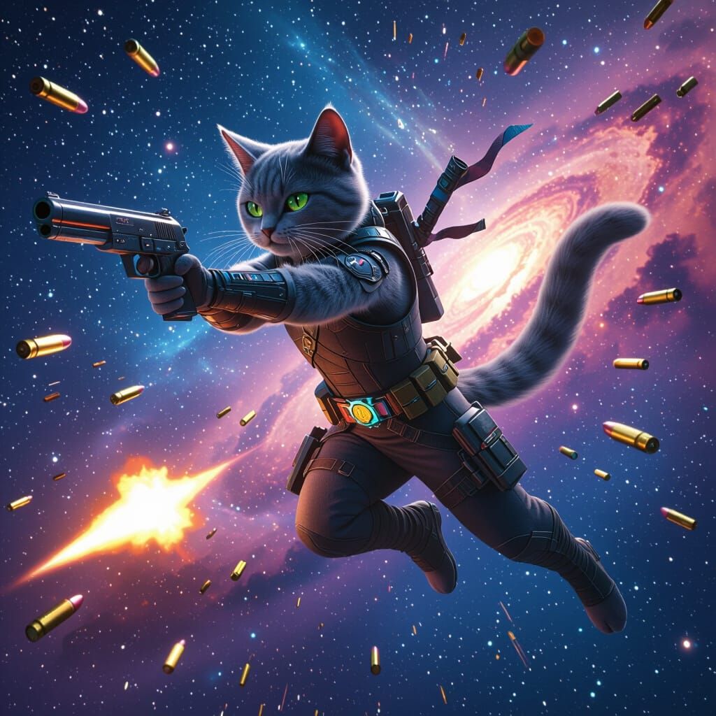 Warrior Cat's Cosmic Flight with Futuristic Weapons