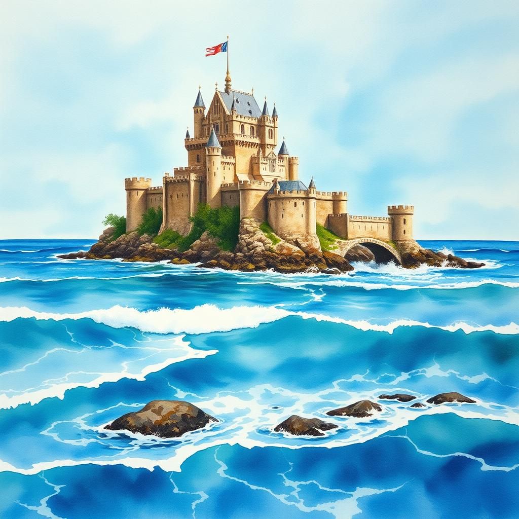 Seascape Castle: Watercolor Painting in Dreamy Style