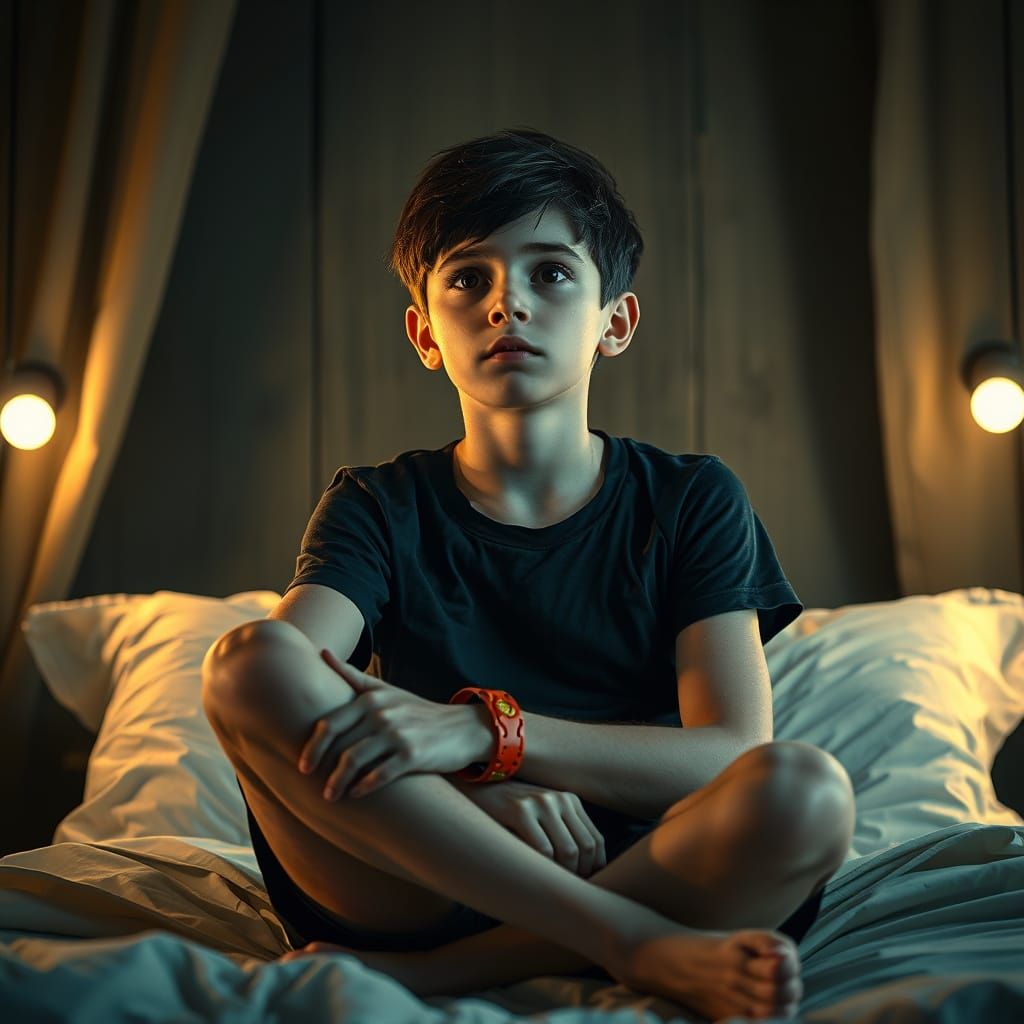 Teenager in Bed, Dystopian Futurism Style